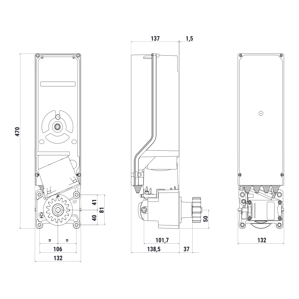 motor incastrat in stalp model TW90 marca Roger Technology, schema de dimensiuni